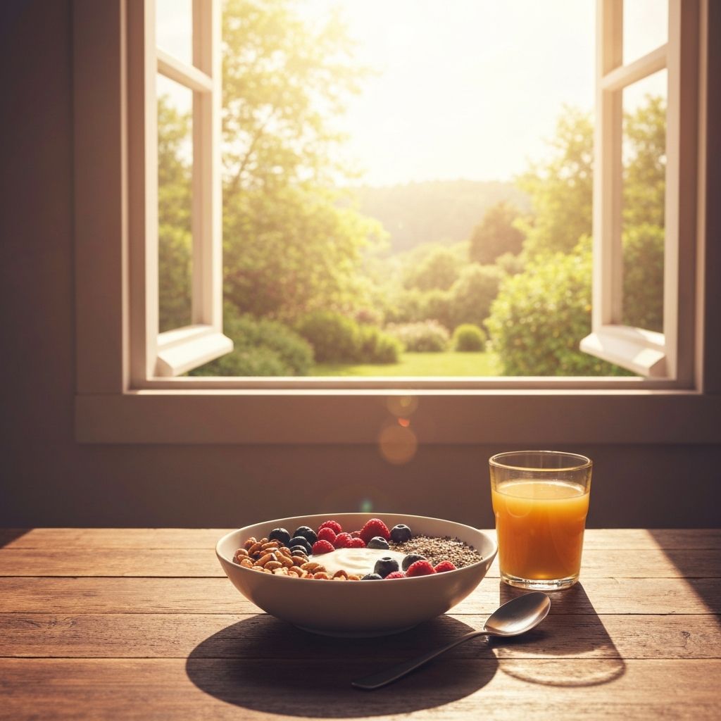 Bright sunrise breakfast with fresh juice, fruits, and nuts in natural morning light