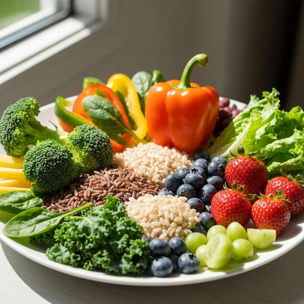 Fiber-rich vegetables, fruits and whole grains on white plate