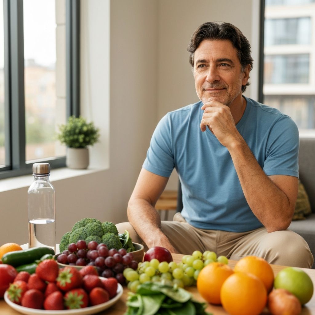 Person surrounded by healthy foods and water in natural light