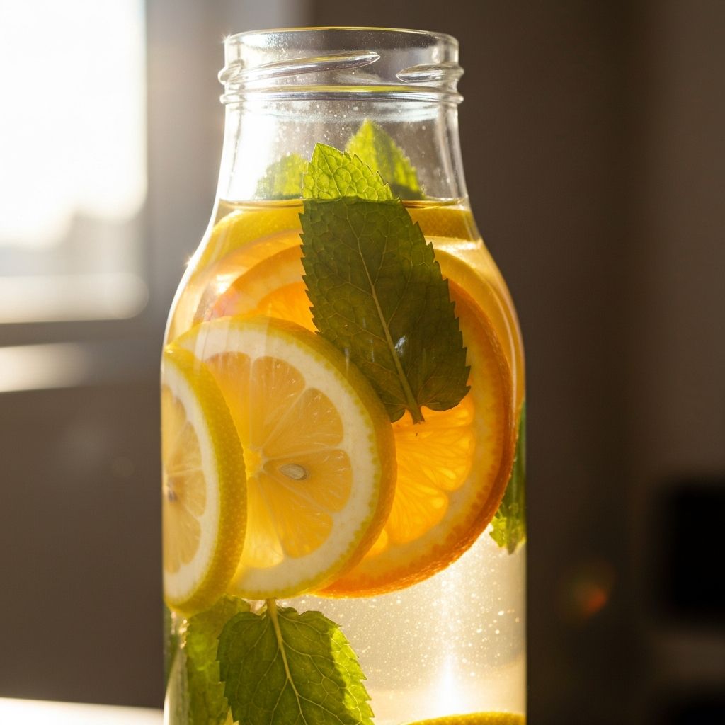 Glass bottle with infused water containing citrus and mint in morning sunlight