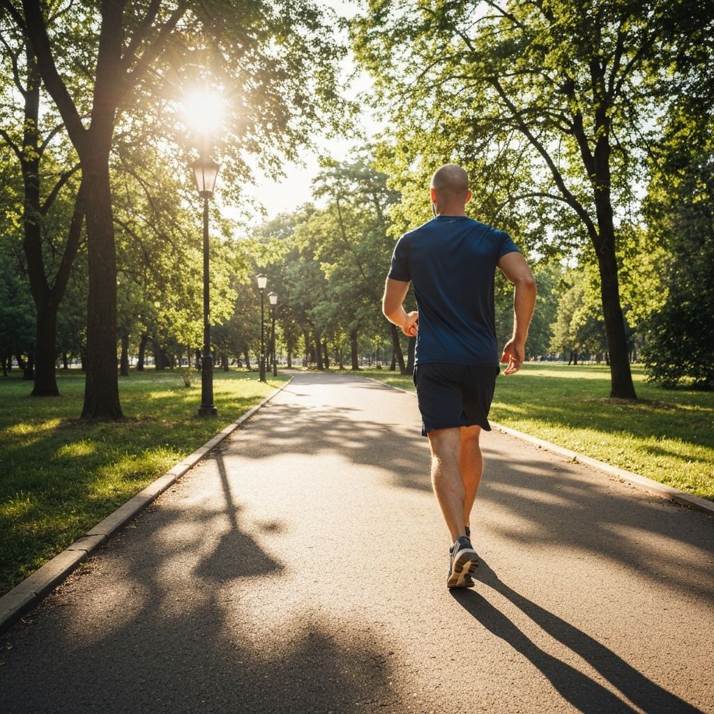 Person walking energetically in a sunny park during daylight