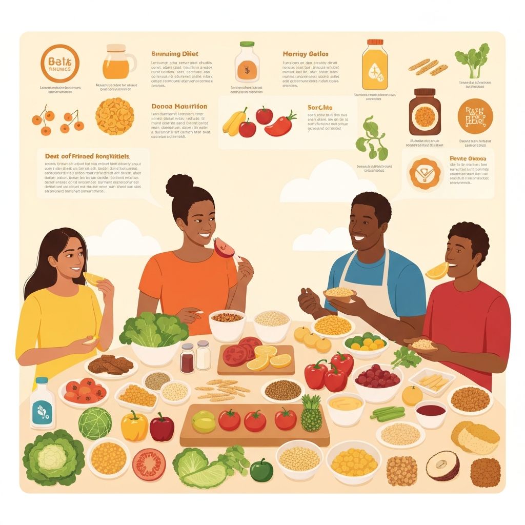 Educational layout with diverse healthy foods and facts